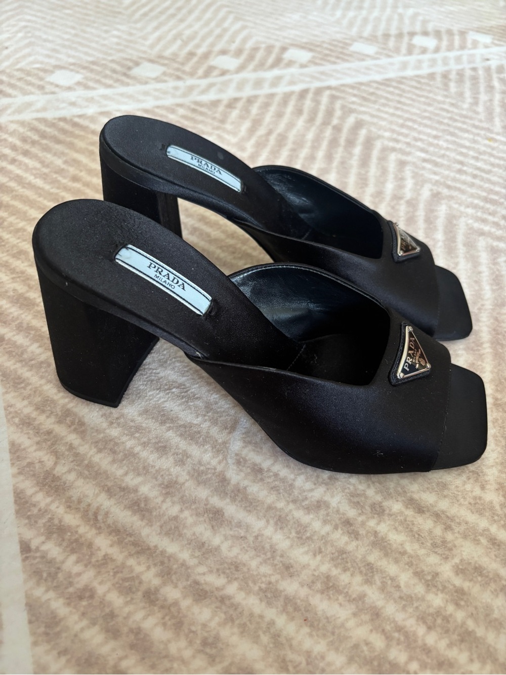 Prada Black Satin Triangular Logo Mule Heels - Picture 3 of 7